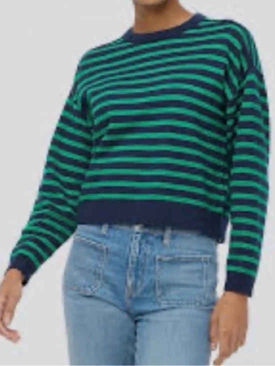 J. Crew Navy and Green Striped Crewneck Sweater NWOT - Picture 1 of 4